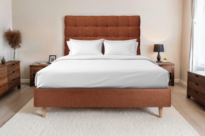 Lit 160x200 cm - Sommier tapissier H35 cm + tête de lit capitonnée - Tissu Bouclette Terracotta