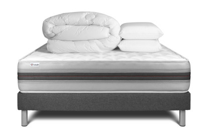 Pack lit complet 140x200 cm - Matelas + Sommier Gris (en kit) + 2 oreillers + Couette - Vitalmemo Back