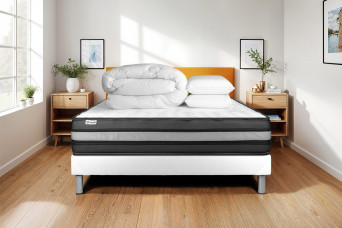 Pack lit complet 160x200 cm - Matelas + Sommier Blanc (en kit) + 2 oreillers + Couette - Vital Power Zen