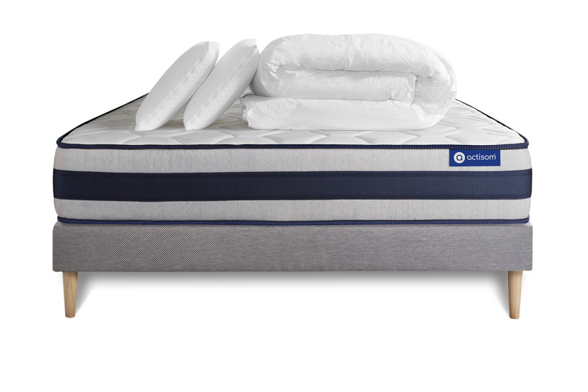 Pack lit complet 140x190 cm - Matelas + Sommier Gris (en kit) + 2 oreillers + Couette - Actimemo Ergo