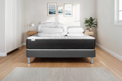 Pack lit complet 140x190 cm - Matelas + Sommier Gris (en kit) + 2 oreillers + Couette - Vitalspring