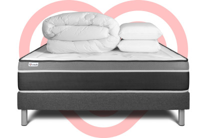Pack lit complet 180x200 cm - Matelas + Sommier Gris (en kit) + 2 oreillers + Couette - Vital Care