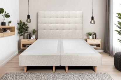 Lit 2x 100x200 cm - Sommier tapissier H35 cm + tête de lit capitonnée - Tissu Bouclette Beige Clair