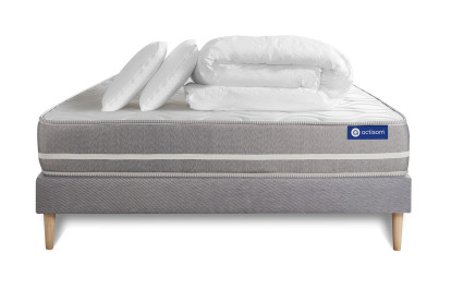 Pack lit complet 200x200 cm - Matelas + Sommier Gris (en kit) + 2 oreillers + Couette - Actimemo Touch