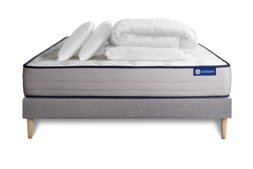 Pack lit complet 200x200 cm - Matelas + Sommier Gris (en kit) + 2 oreillers + Couette - Actiflex Form