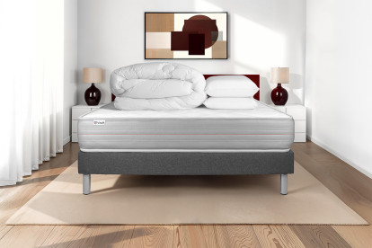 Pack lit complet 180x200 cm - Matelas + Sommier Gris (en kit) + 2 oreillers + Couette - Vitalmemo