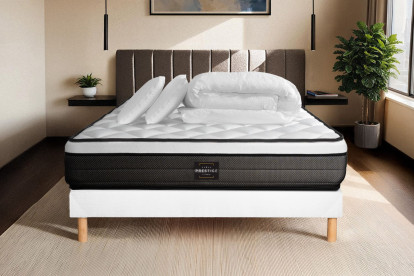 Pack lit complet 180x200 cm - Matelas + Sommier Blanc (en kit) + 2 oreillers + Couette - Suite