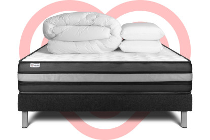 Pack lit complet 140x190 cm - Matelas + Sommier Noir (en kit) + 2 oreillers + Couette - Vital Power Zen