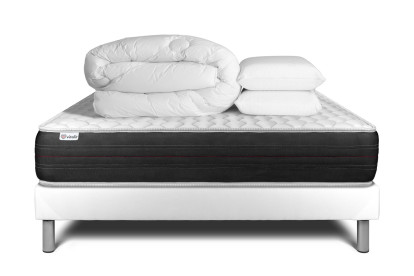 Pack lit complet 140x200 cm - Matelas + Sommier Blanc (en kit) + 2 oreillers + Couette - Vitalspring