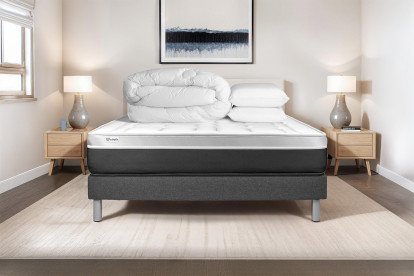 Pack lit complet 140x190 cm - Matelas + Sommier Gris (en kit) + 2 oreillers + Couette - Vital Soft