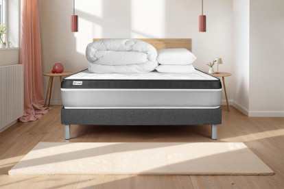 Pack lit complet 200x200 cm - Matelas + Sommier Gris (en kit) + 2 oreillers + Couette - Vital Ergo