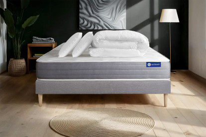Pack lit complet 140x190 cm - Matelas + Sommier Gris (en kit) + 2 oreillers + Couette - Actimemo Dream