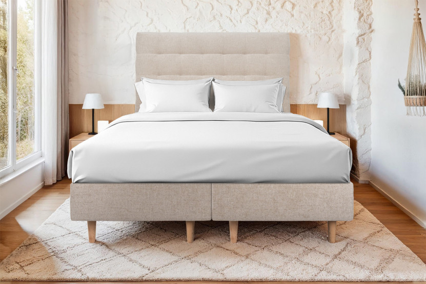 Lit 2x80x200 cm avec Tête de lit capitonnée - Tissu Toile natté