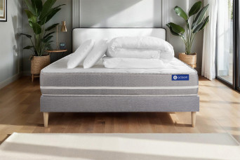 Pack lit complet 180x200 cm - Matelas + Sommier Gris (en kit) + 2 oreillers + Couette - Actiflex Touch