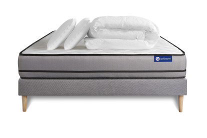 Pack lit complet 140x190 cm - Matelas + Sommier Gris (en kit) + 2 oreillers + Couette - Actiflex Night