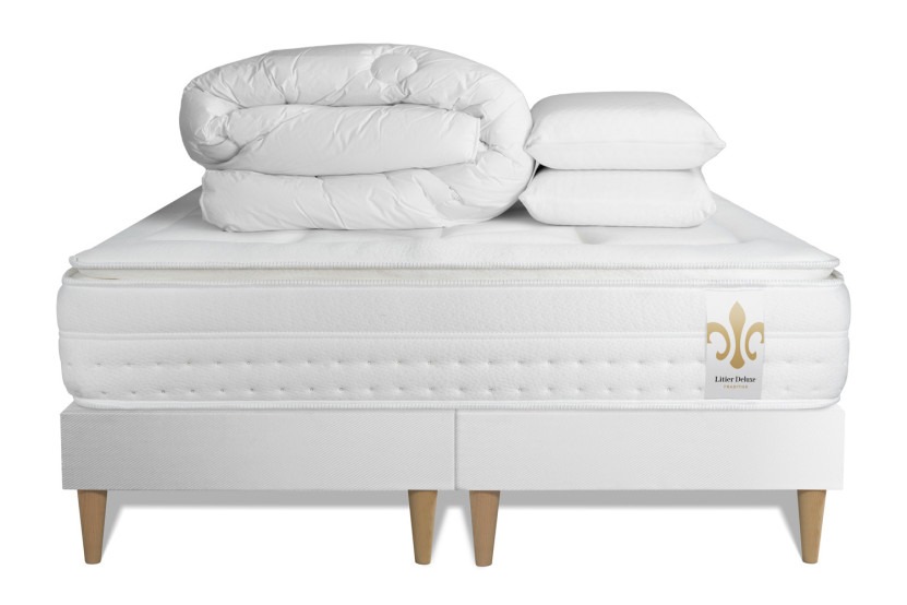 Pack lit complet 200x200 cm - Matelas + 2 Sommiers Blancs + 2 oreillers + Couette - Vingt-Huit PLUS