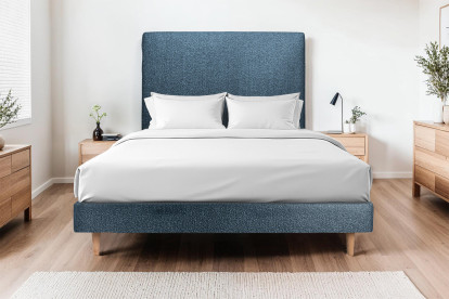 Lit 140x200 cm - Sommier tapissier H29 cm + tête de lit tapissée - Tissu Bouclette Bleu