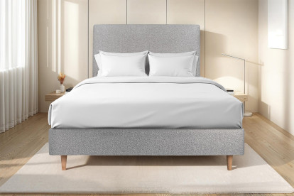 Lit 160x200 cm - Sommier tapissier H35 cm + tête de lit tapissée - Tissu Bouclette Gris