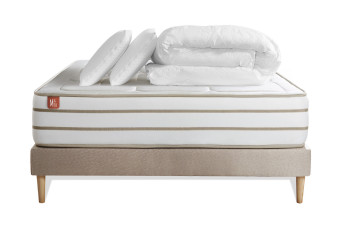 Pack lit complet 140x190 cm - Matelas + Sommier Beige (en kit) + 2 oreillers + Couette - Le Douillet