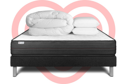 Pack lit complet 140x200 cm - Matelas + Sommier Noir (en kit) + 2 oreillers + Couette - Vitalpower
