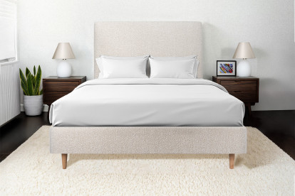 Lit 150x190 cm - Sommier tapissier H35 cm + tête de lit tapissée - Tissu Bouclette Beige Clair