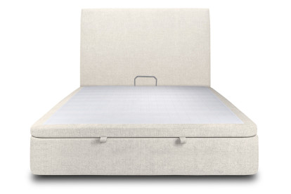 Lit coffre 200x200 cm avec Tête de lit tapissée - Tissu Toile natté Beige Clair