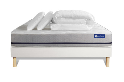 Pack lit complet 140x190 cm - Matelas + Sommier Blanc (en kit) + 2 oreillers + Couette - Actiflex Soft