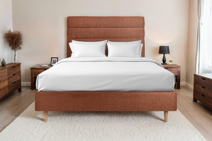 Lit 150x200 cm - Sommier tapissier H35 cm + tête de lit à lignes - Tissu Bouclette Terracotta