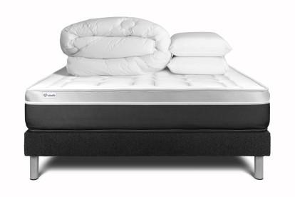 Pack lit complet 140x190 cm - Matelas + Sommier Noir (en kit) + 2 oreillers + Couette - Vital Soft