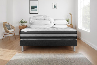 Pack lit complet 160x200 cm - Matelas + Sommier Noir (en kit) + 2 oreillers + Couette - Vitalspring Zen