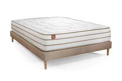 Pack lit complet 160x200 cm - Matelas + Sommier Beige (en kit) + 2 oreillers + Couette - Le Douillet