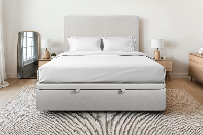 Lit coffre 140x190 cm avec Tête de lit tapissée - Tissu Velours