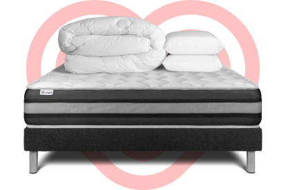 Pack lit complet 180x200 cm - Matelas + Sommier Noir (en kit) + 2 oreillers + Couette - Vitalspring Zen