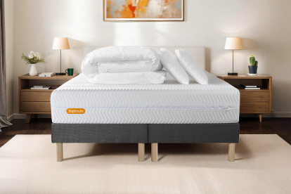 Pack lit complet 160x200 cm - Matelas + 2 Sommiers Gris + 2 oreillers + Couette - Memo Bio