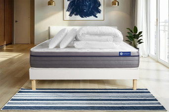 Pack lit complet 200x200 cm - Matelas + Sommier Blanc (en kit) + 2 oreillers + Couette - Actiflex Zen