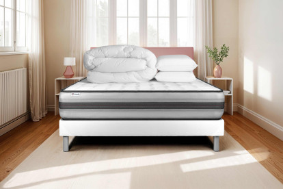 Pack lit complet 200x200 cm - Matelas + Sommier Blanc (en kit) + 2 oreillers + Couette - Vitalpower Recover