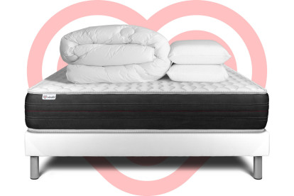 Pack lit complet 140x200 cm - Matelas + Sommier Blanc (en kit) + 2 oreillers + Couette - Vitalspring