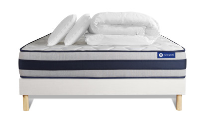 Pack lit complet 140x200 cm - Matelas + Sommier Blanc (en kit) + 2 oreillers + Couette - Actiflex Ergo