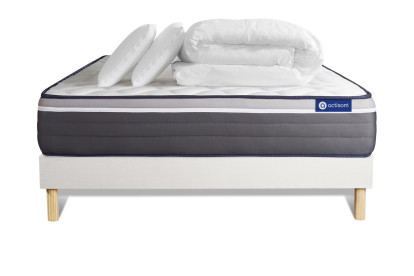 Pack lit complet 200x200 cm - Matelas + Sommier Blanc (en kit) + 2 oreillers + Couette - ActiMemo Plus