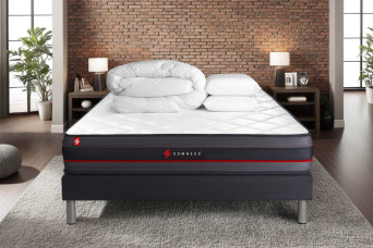 Pack lit complet 200x200 cm - Matelas + Sommier Noir (en kit) + 2 oreillers + Couette - Regen