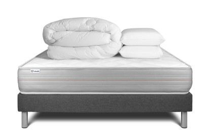 Pack lit complet 160x200 cm - Matelas + Sommier Gris (en kit) + 2 oreillers + Couette - Vitalmemo