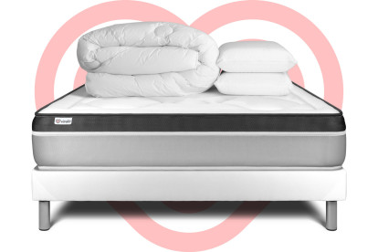 Pack lit complet 140x200 cm - Matelas + Sommier Blanc (en kit) + 2 oreillers + Couette - Vital Ergo
