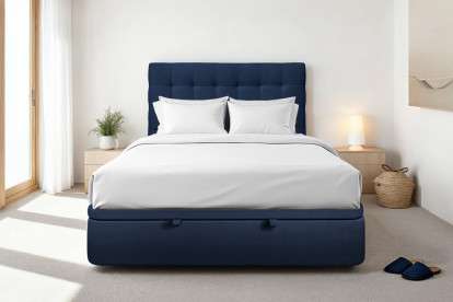 Lit coffre 180x200 cm avec Tête de lit capitonnée - Tissu Velours Bleu Océan