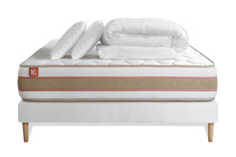 Pack lit complet 140x200 cm - Matelas + Sommier Blanc (en kit) + 2 oreillers + Couette - Le Délicat Pack lit complet 140x200 cm - Matelas + Sommier Blanc (en kit) + 2 oreillers + Couette - Le Délicat