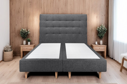 Lit 2x 90x200 cm - Sommier tapissier H35 cm + tête de lit capitonnée - Tissu Toile natté Noir