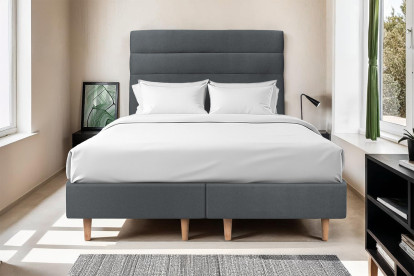 Lit 2x 100x200 cm - Sommier tapissier H35 cm + tête de lit à lignes - Tissu Velours Gris Anthracite