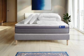 Pack lit complet 200x200 cm - Matelas + Sommier Gris (en kit) + 2 oreillers + Couette - Actilatex Zen