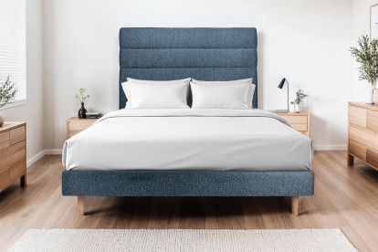 Lit 135x190 cm - Sommier tapissier H29 cm + tête de lit à lignes - Tissu Bouclette Bleu
