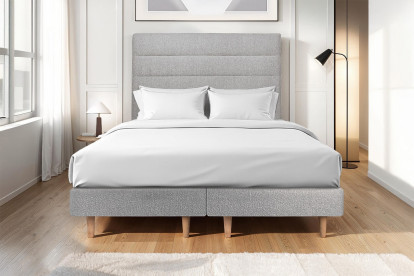 Lit 2x 80x200 cm - Sommier tapissier H29 cm + tête de lit à lignes - Tissu Bouclette Gris