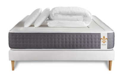 Pack lit complet 200x200 cm - Matelas + Sommier Blanc (en kit) + 2 oreillers + Couette - Vingt-Six